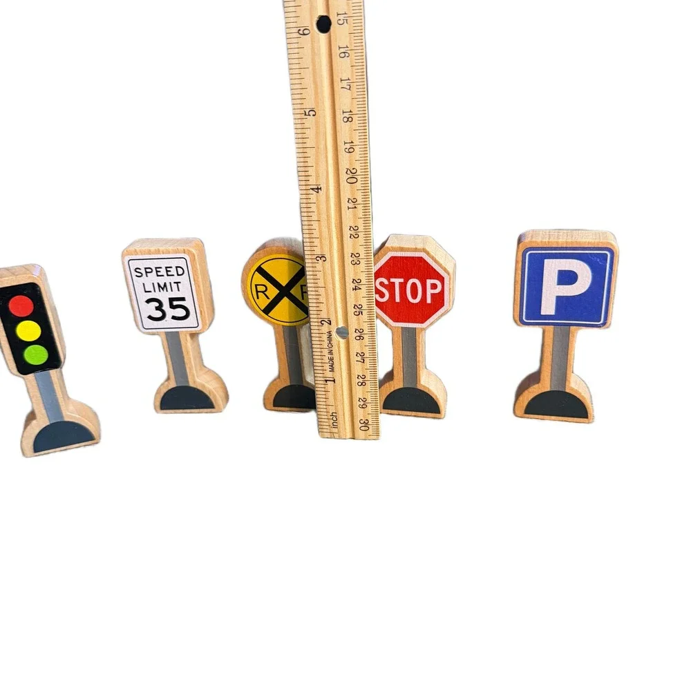 Wooden Road Signs and Vehicle Play Set 9 Piece Montessori Toy Train Accessories